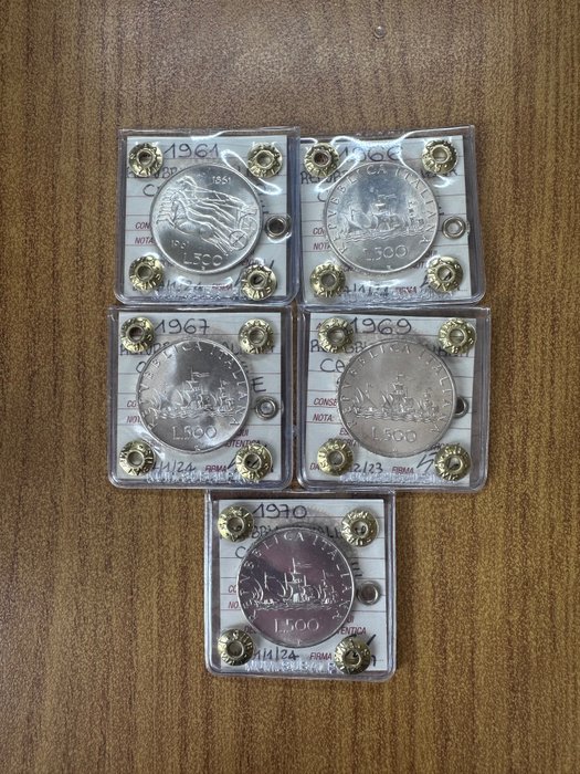 Italy, Italian Republic. 500 Lire Anni: 1961 Centenario , 1966 , 1967 , 1969 , 1970  (No Reserve Price)