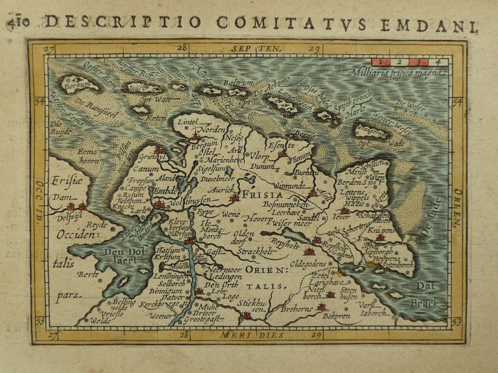 Europa, Mapa - Alemanha / Frísia Oriental / Emden / Watten / Wadden; Petrus Bertius / Jodocus Hondius jr. - Descriptio Comitatus Emdani - 1601-1620