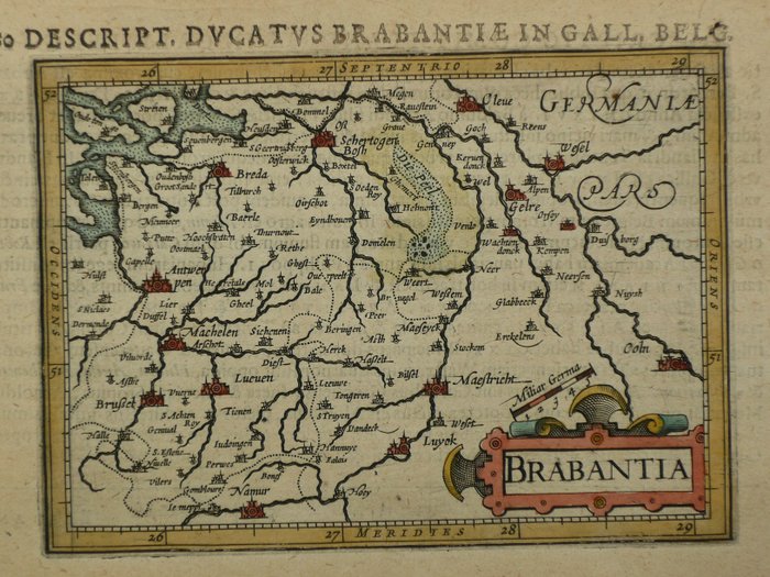 Países Bajos, Mapa - Brabante / Limburgo / Lovaina / Maastricht; Petrus Bertius / Jodocus Hondius jr. - Brabantia - 1601-1620