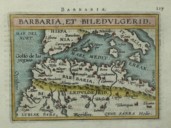África, Mapa - Mediterrâneo / Marrocos / Líbia / Argélia / Tunísia; Philippe Galle - Barbaria et Biledulgerid - 1581-1600