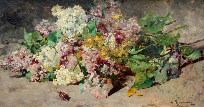 Georges Jeannin (1841-1925) - Scattered lilacs and may-beetle
