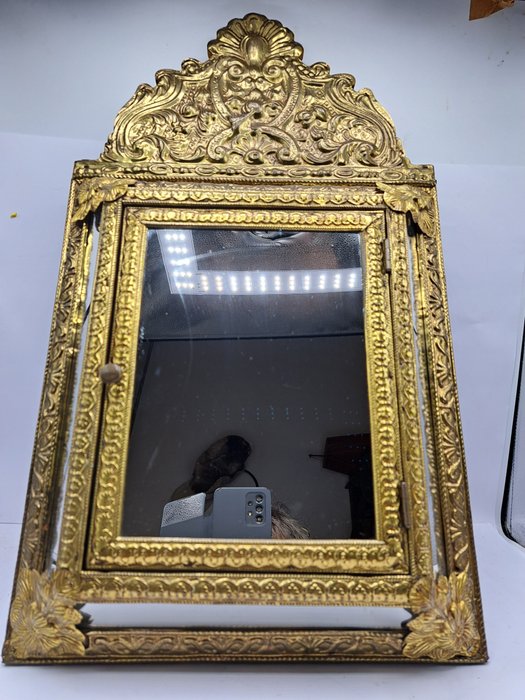 Miroir - Miroir à crête avec boîte à pinceaux  - Laiton, Verre