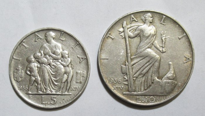 義大利王國. Vittorio Emanuele III di Savoia (1900-1946). 5 Lire 1936/1937 "Impero" (2 monete)  (沒有保留價)