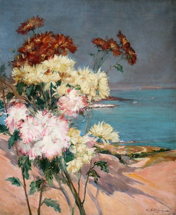 Raymond Allegre (1857-1933) - Flower composition with seaside background