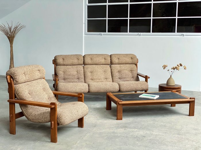Sessel - Eiche, Drie-Sitzer Sofa, Sessel und Couchtisch mit Schieferplatte