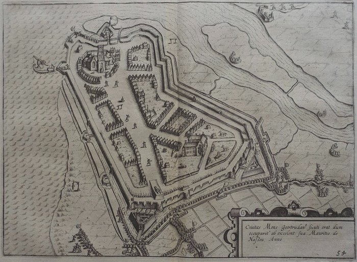 Holanda, Planta da cidade - Geertruidenberg; L Guicciardini - Civitas Mons Geertrudan. sicuti erat dum (...) - 1612