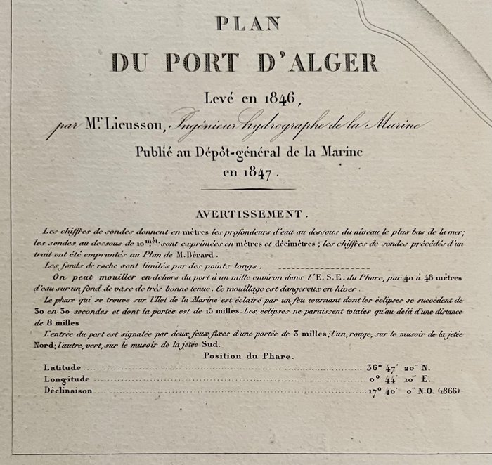 非洲, 地圖 - 阿爾及利亞/阿爾及爾; Mp. Lieussou / J.M. Hacq / Jacobs / Dépot-généraal de la Marine - Plan du Port D'Alger - 1821-1850