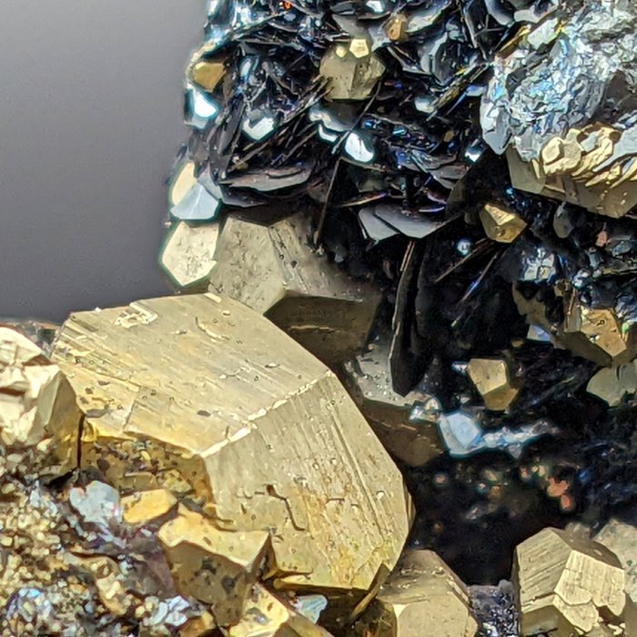 GOLDEN PYRITE HEMATITE-teriillä, loistava! Kristallit välimassassa - Korkeus: 82 mm - Leveys: 58 mm- 167 g