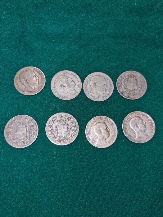 Italia, Italian kuningaskunta. 1 Lira 1867/1917 (8 monete)  (Ei pohjahintaa)