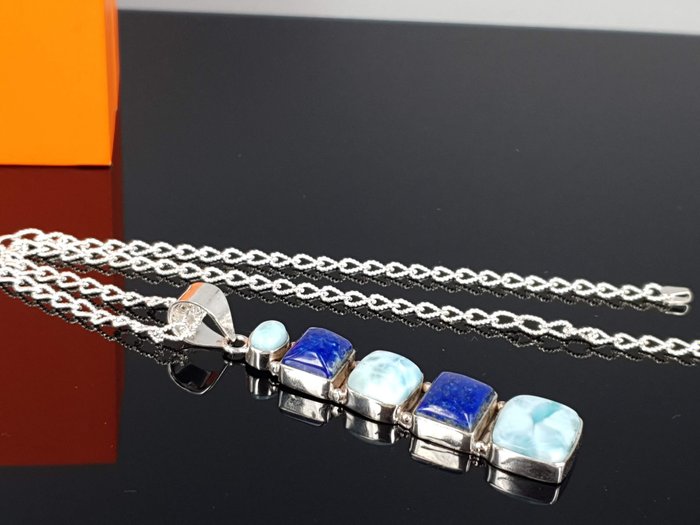 Sølv, Naturlig Larimar & Lapis Lazuli Stein / Gratis levering - Halskjede med anheng