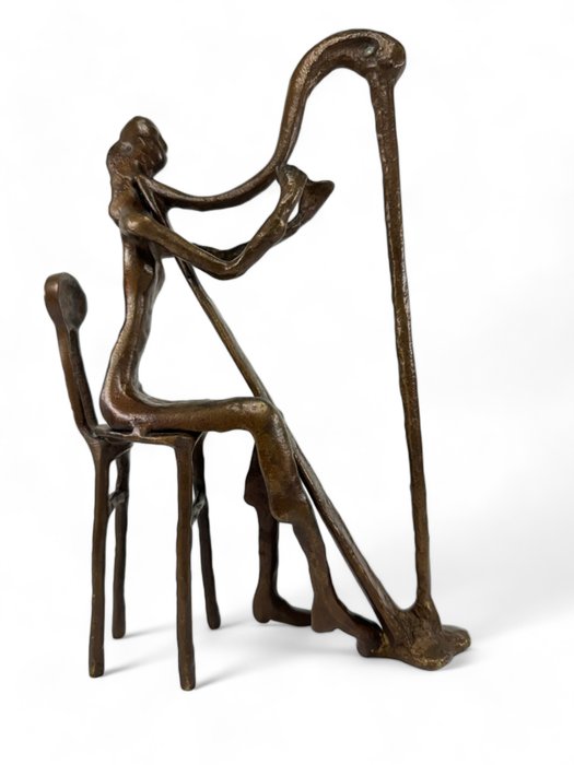 Szobrocska - Modern art sculpture - Bronze Harp player - H26cm/1050g - Bronz