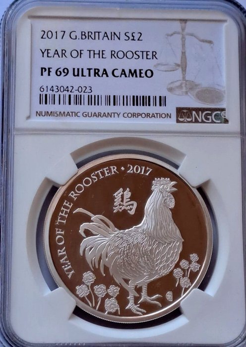 United Kingdom. 2 Pounds 2017 Year of the Rooster, 1 Oz (.999) - PF69 Ultra Cameo