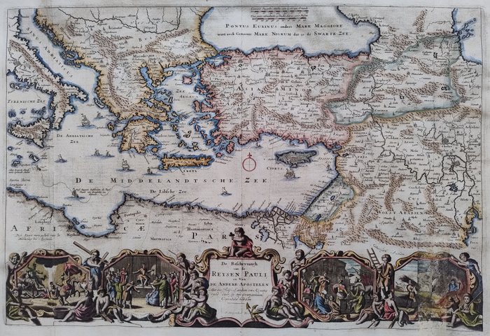 Mellemøsten, Kort - Hellig Land / Tyrkiet / Middelhavet / Grækenland / Nordafrika; D. Stoopendaal - De Beschryvingh van de Reysen Pauli ev van de Andere Apostolen (...) - 1701-1720