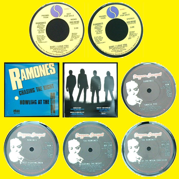 The Ramones (Punk, Pop Rock) - 1. Baby, I Love You (USA 1980 Promo 45 Mono/Stereo) 2. Chasing The Night +3 (UK 1985 2-single-set) - 45 RPM 7" Singel - 1980