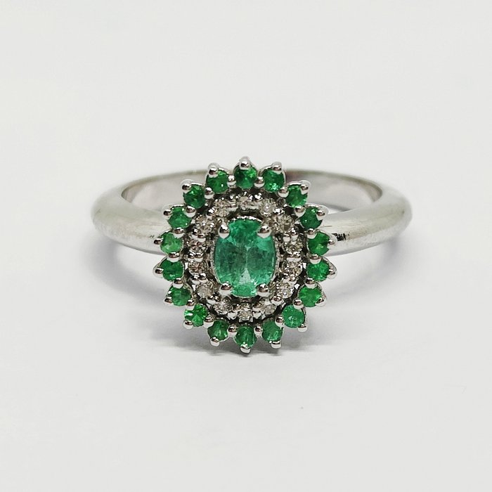 Zonder Minimumprijs - Ring Zilver -  1.23 tw. Smaragd - Diamant 