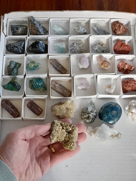 Mineraliensammlung - Chrysokoll, Schneeflockenobsidian, roter Calcit, Aragonit, Amazonit,- 850 g - (32)