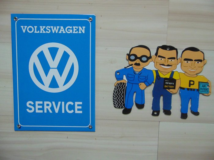 Volkswagen - Volkswagen porcelain enamel sign and Manny Moe & Jack The Pep Boys enamel advertising sign.