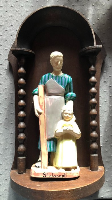雕像 - Sint Jozef met Jezus die een brood vastheeft -  (2) - 木, 陶器