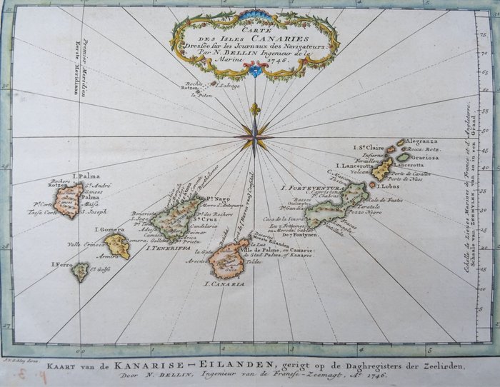 Spanien, Landkarte - Kanarische Inseln / Gran Canaria, Teneriffa, Fuerteventura; J.N. Bellin - Carte Des Isles Canaries (..) / Kaart van de Kanarise-Eilanden.... - 1721-1750