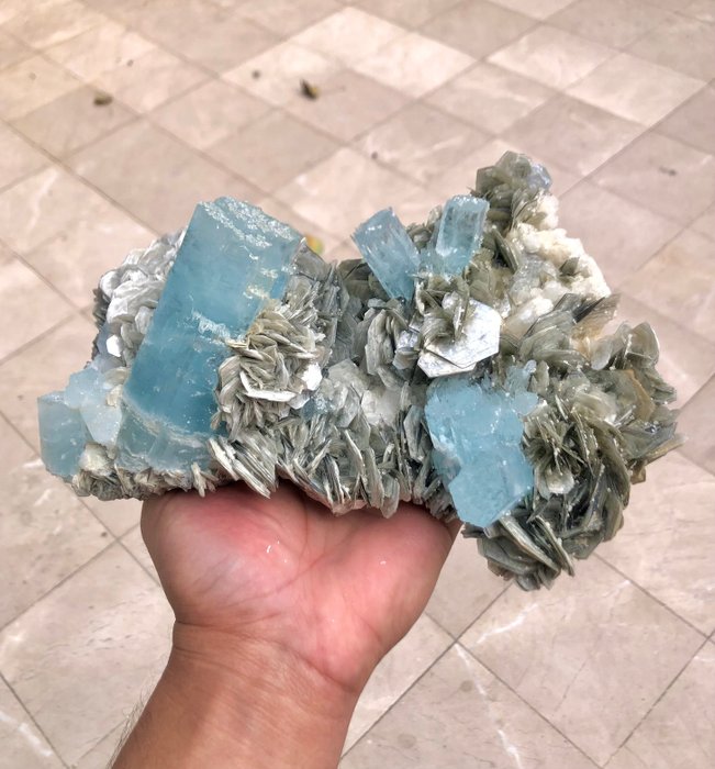 白雲母上天然蝕刻終止海藍寶石晶體組合 標本 - 高度: 226 mm - 闊度: 162 mm- 2494 g - (1)