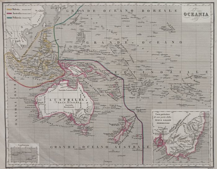 Oceania, Mapa - Australia / Nowa Zelandia / Polinezja; P. Allodi - Oceania - 1861-1880