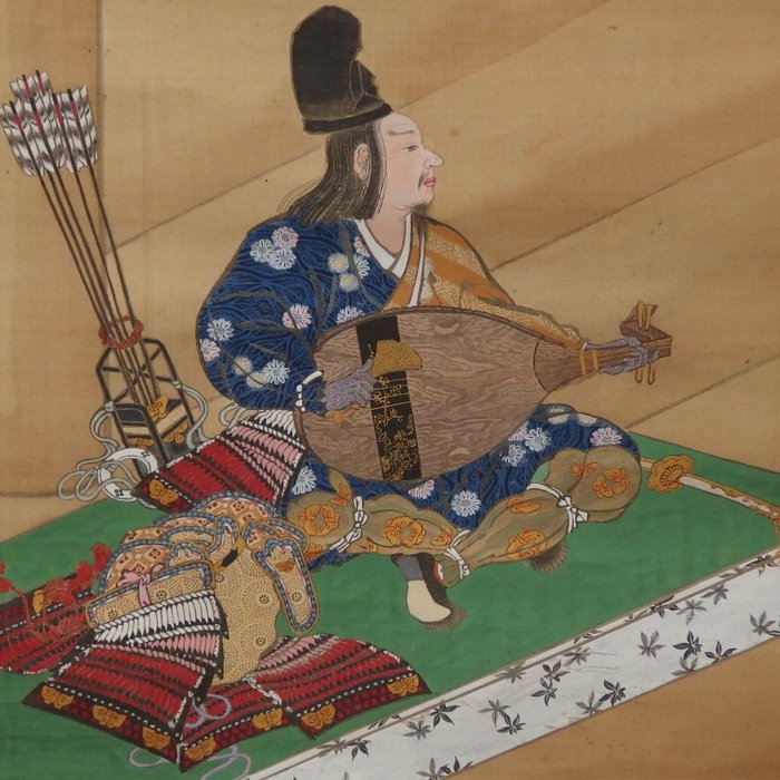 Samurai Playing Biwa (Japanese Lute) - Yamada Toen 山田桃園 - Japão  (Sem preço de reserva)