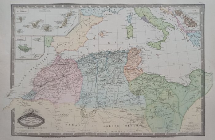 África, Mapa - Marrocos / Argélia / Tunísia / Líbia; Garnier - Afrique Septentrionale, Maroc, Algérie, Tunisie, Tripoli. Des Canares, de Madère, et de Malte - 1860