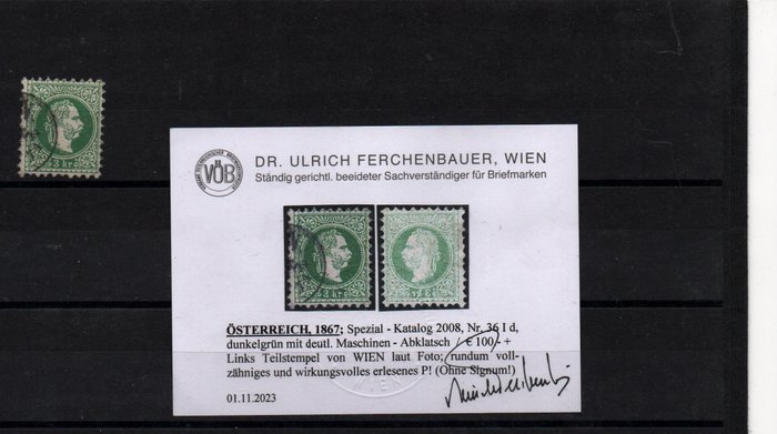 奥地利 1867/1867 - 3Kreuzer 粗糙印象印有罕见的机器副本和证书 - Katalognummer 36Id mit Maschinenabklatsch