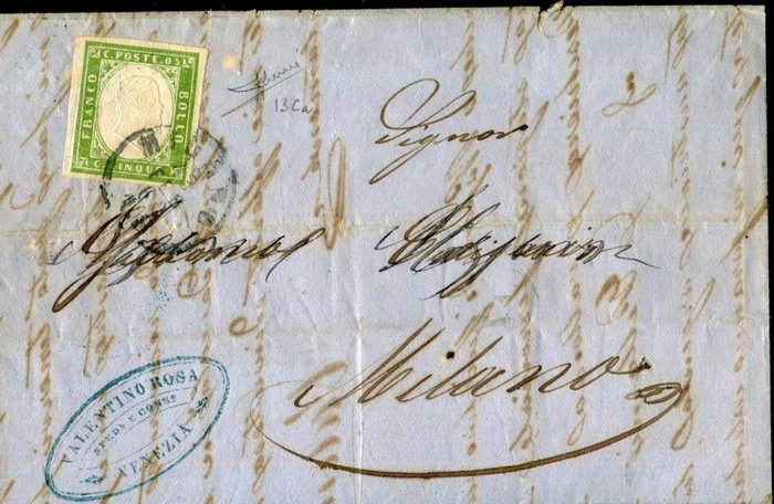 意大利古城邦-撒丁岛 1855/1861 - 5 美分隔离在转发携带的信件上。 - Sassone 13Ca