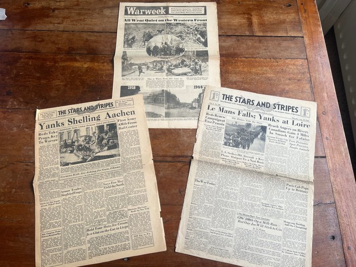 3x US Army WW2 Stars & Stripes / War Week newspapers - France combat - Aachen - Invasion Germany - Heavy Combat - Funny Cartoons - Airborne / Paratrooper -  10 Aug, 15 Sept, nov 11 - 1944