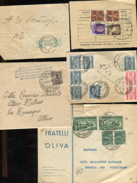 義大利  - 義大利社會共和國 5 文件，郵資有趣。 - Sassone vari