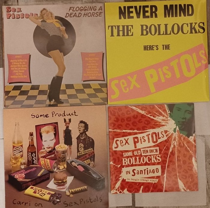 Sex Pistols - "Never mind the bollocks", "Flogging a dead horse", "Some product" and "Live in santiago" 4 LPs - Flere titler - Vinylplate - Coloured vinyl - 1977
