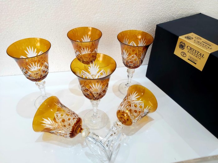 高腳杯 (6) - Handmade Six Pieces of Amber Crystal Goblet Bohemian (6) - Crystal (Elegand) - 水晶