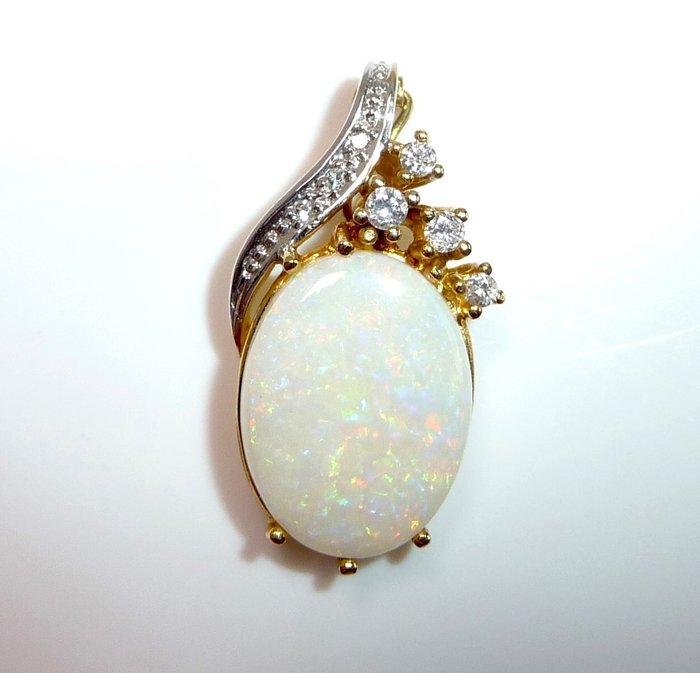 Vedhæng - 14 karat Gulguld Opal - Diamant