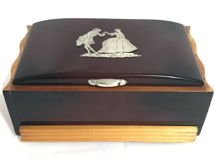 Cigarette box - Incredible musical cigarette box with 800 silver medallion - .800 silver, Lacquer, satinwood