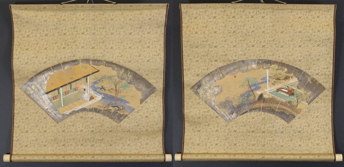 Hanging Scroll Pair - Noble Figures on Fan Surfaces with Wood Box - Late 19th/Early 20th century - Unknown - Japan - 20. Jahrhundert