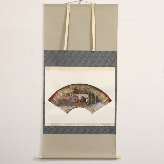 Heian Court Elegance Fan Painting Scroll with Wooden Box - Signed 'Tosa Mitsuoki' - 日本 - 19-20世纪