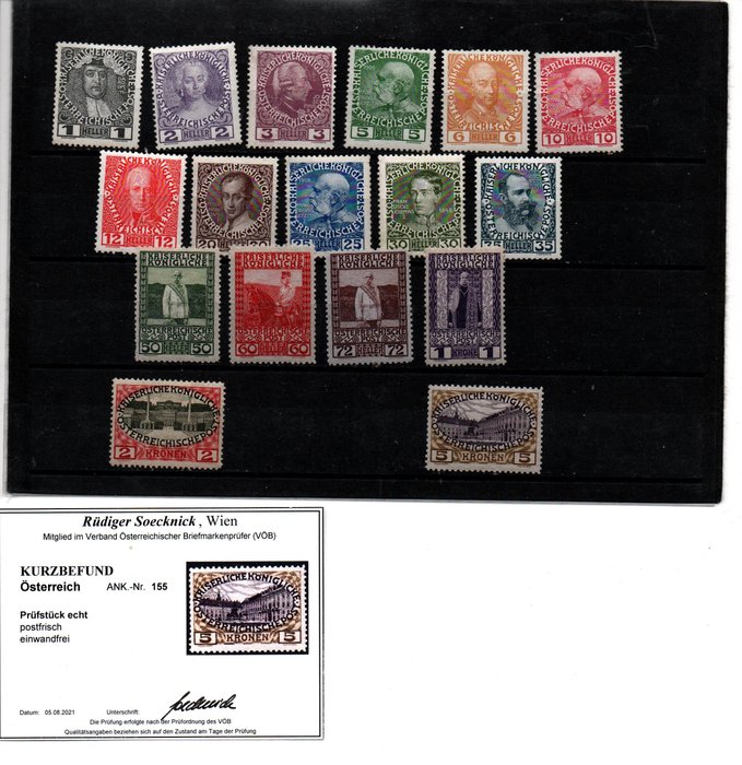 Østrig 1908/1908 - Kaiser jubilæumsudgave 1908 fin postfriseret i udvalgt luksus stand 5 kroner med certifikat - Katalognummer 139-155