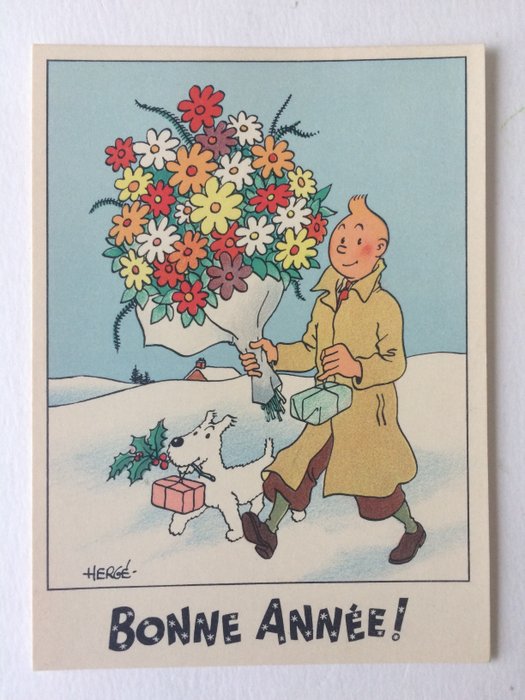 Tintin - 1 Snökort nr 25 - Tintin bär en bukett och snöar ett litet paket - gott nytt år - 1942