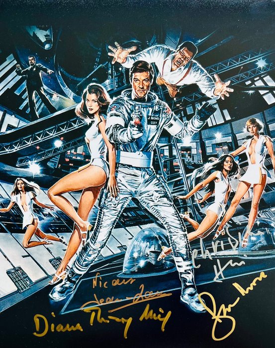 James Bond 007: Moonraker - Signed by 4: Roger Moore and 3 "Drag Girls" : christina hui, jean-louise nicaise & diana thierry