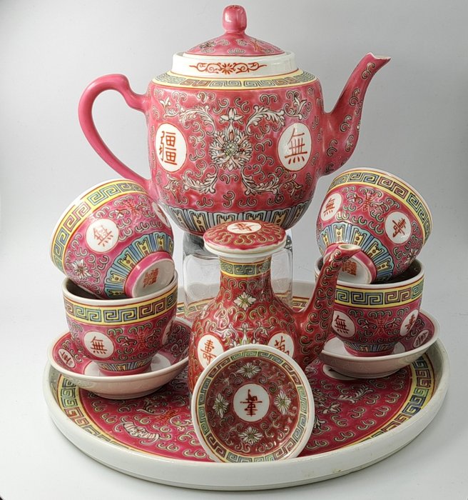 Mun Shou koraalroze - 整套茶具 (10) - 瓷器
