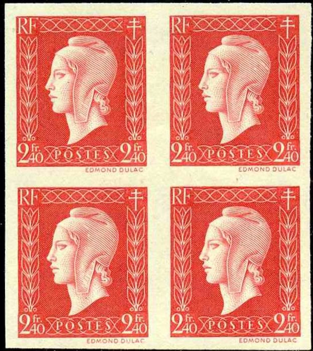 França 1945 - Marianne de Dulac, 2 f. 40 vermelhos, bloco de 4 da folha de souvenir - Yvert 693a