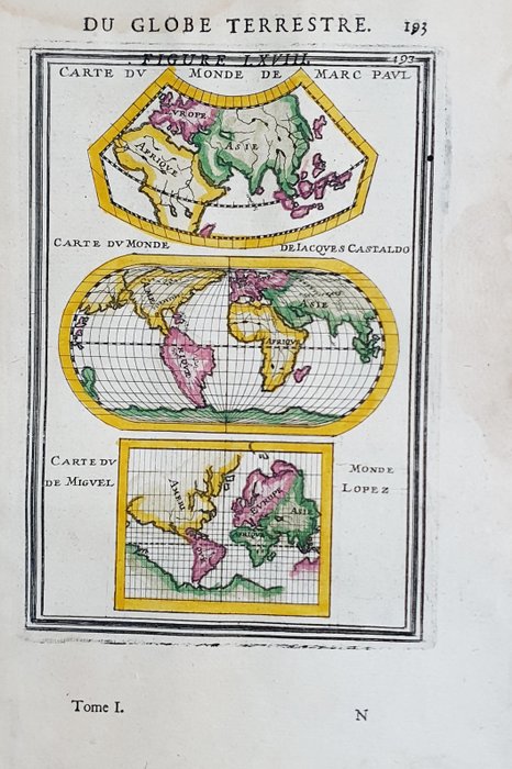 Weltkarte, Landkarte - Globus, Mercator-Projektion; Alain Manesson Mallet - Carte du Monde de Marc Paul / Carte du Monde de Castaldo / Carte du Monde de Miguel Lopez - 1661-1680