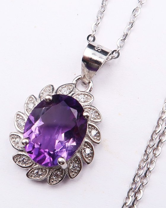 紫水晶 - 银, Faith 项链 - 紫水晶徽章及其实心银链 - 防止负能量 - 项链