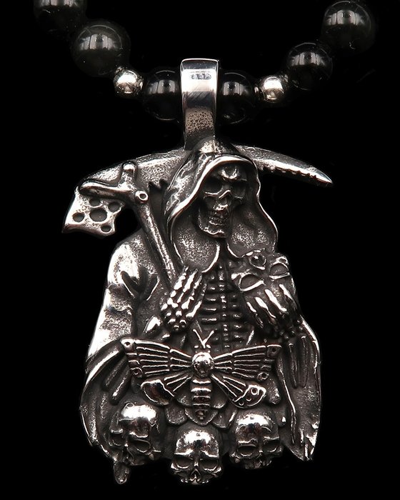 Halskette - Memento Mori - Der Schnitter - Spirituelle Unsterblichkeit - Obsidian, Verschluss, - Halskette mit Anhänger