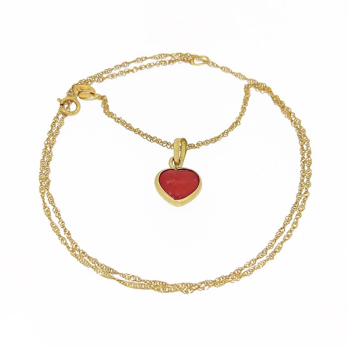 Ohne Mindestpreis - Halskette - 18 kt Gelbgold, Rote Mittelmeerkoralle 
