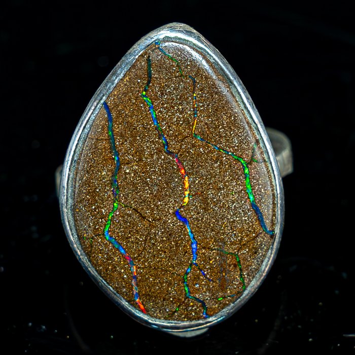 High Quality Natural Boulder Opal 925 Silver Ring - 55.15 ct- 11.03 g
