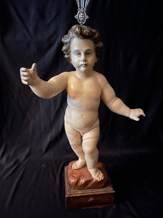 Sculpture, Baby Jesus - 70 cm - Silver, Wood