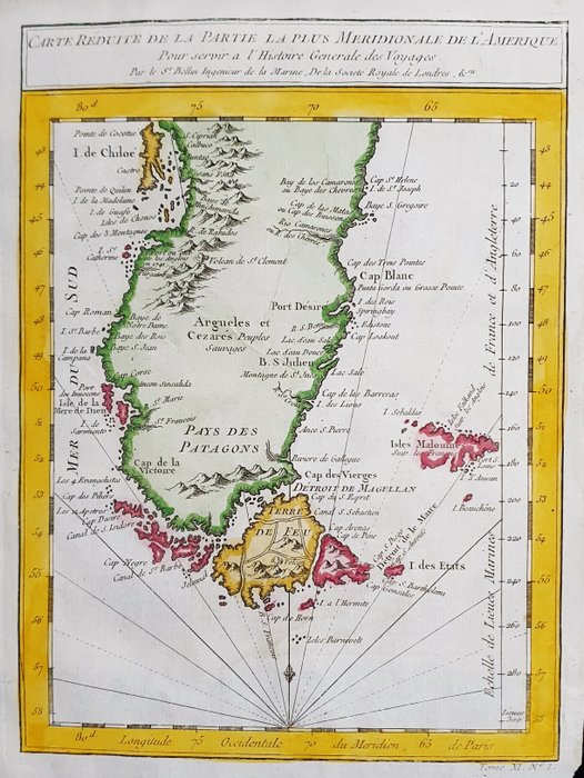 América, Mapa - América do Sul / Patagônia / Terra do Fogo / Chile; La Haye, P. de Hondt / J.N. Bellin / A.F. Prevost - Carte reduite de la partie, la plus Meridionale de l'Amerique - 1721-1750