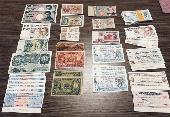 Maailma. - 152 banknotes - including 90 x 500 Lire Mercurio - various dates